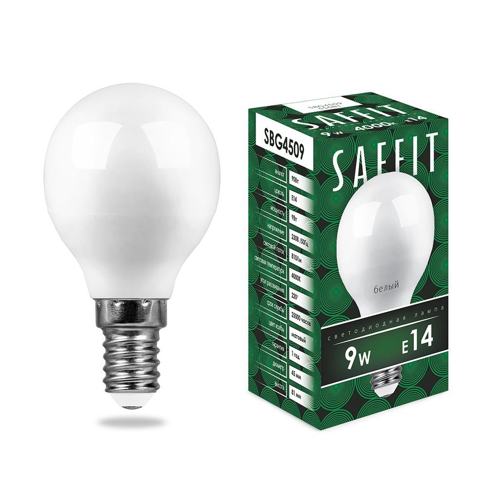 

Лампа светодиодная Saffit, 9W 230V E14 4000K G45, SBG4509-5, 10шт