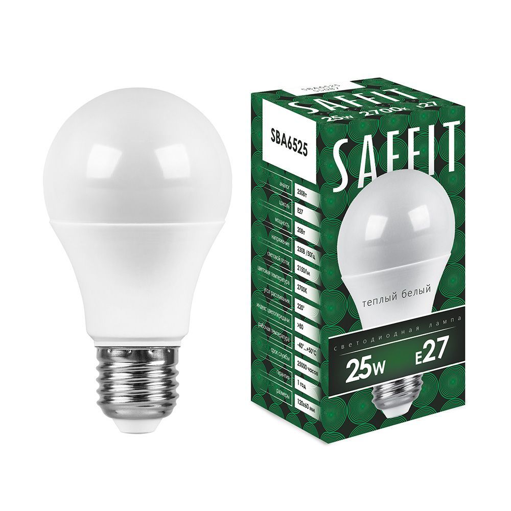 Лампа светодиодная Saffit, 25W 230V E27 2700K A65, SBA6525-5, 10шт 600005772289