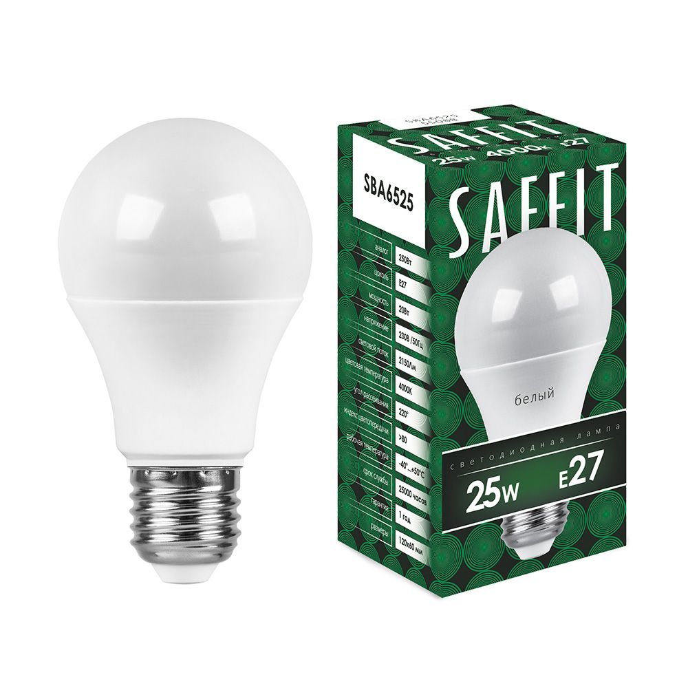 фото Лампа светодиодная saffit, 25w 230v e27 4000k a65, sba6525-5, 10шт