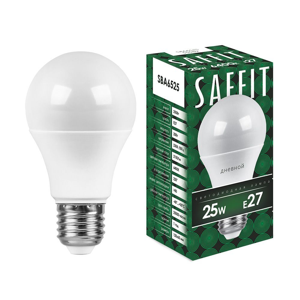 фото Лампа светодиодная saffit, 25w 230v e27 6400k a65, sba6525-5, 10шт