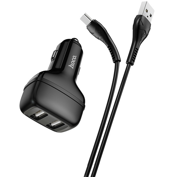 Автомобильное зарядное устройство 2xUSB с кабелем USB Type-C Hoco Z36 Leader - Черное