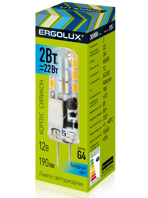 

Лампочка Ergolux G4 2W 12V 4500K 190Lm LED-JC-2W-G4-4K 14345, LED-JC-2W-G4-4K 14345