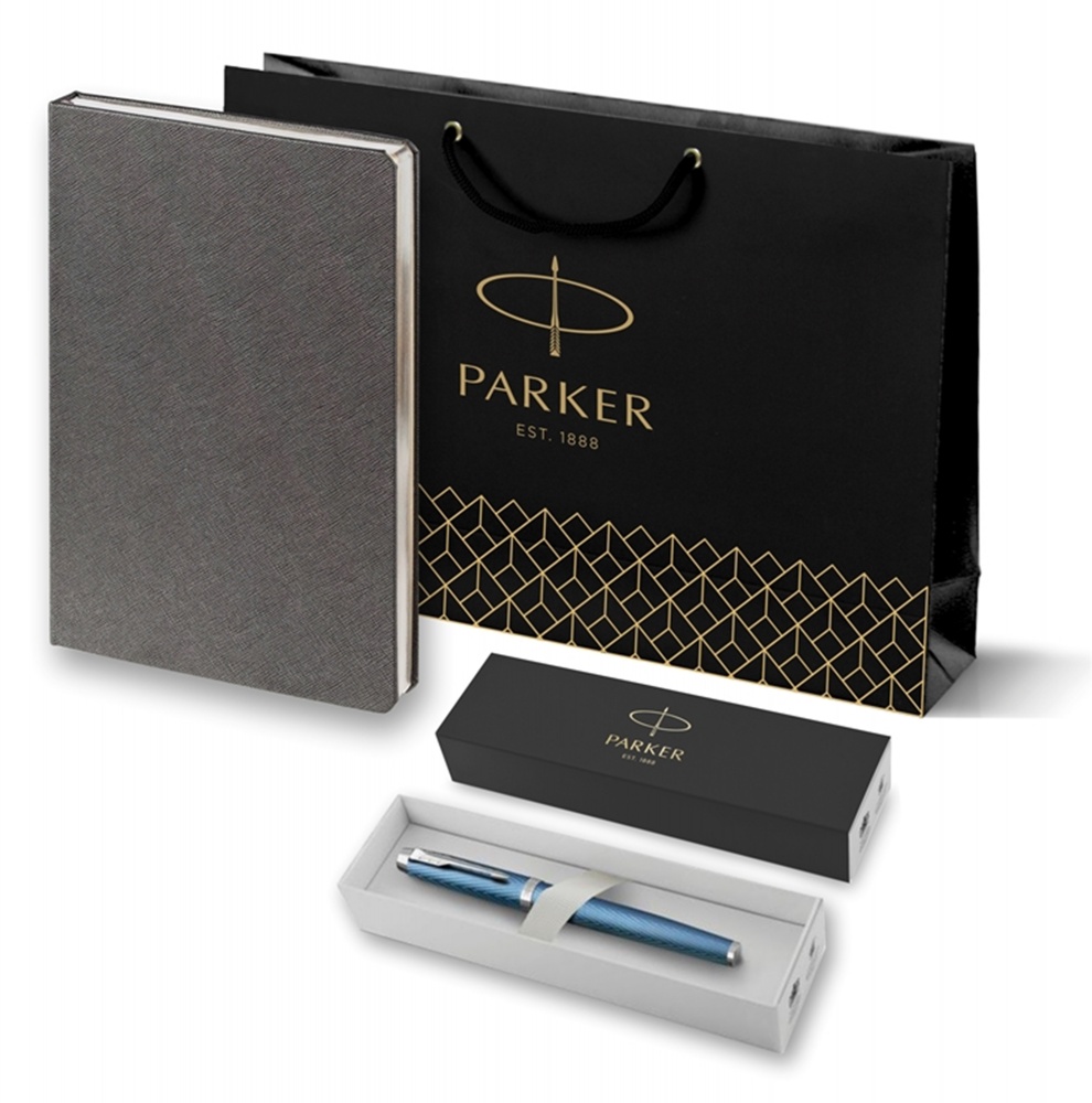 Подарочный набор: Ручка роллер Parker IM Premium T318 Blue Grey CT, цвет чернил черный и