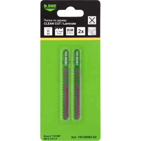 

Пилки по дереву 60/85 мм, 1.7 мм, BIM, CLEAN CUT, Laminate, 2 шт D.BOR D-105-085B3-02