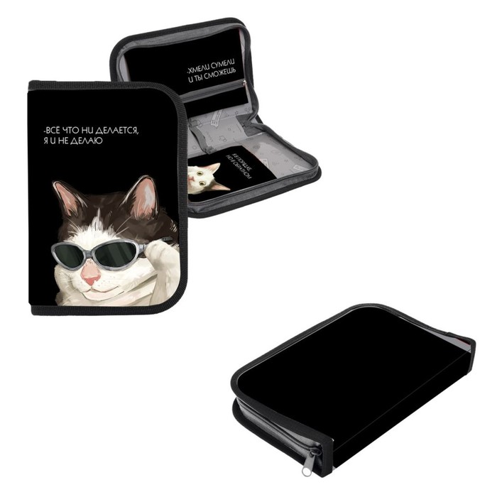 

Calligrata Пенал 1 секция 140 х 210 х 40 мм, откидной карман и косметичка, тканевый, Calli, Черный