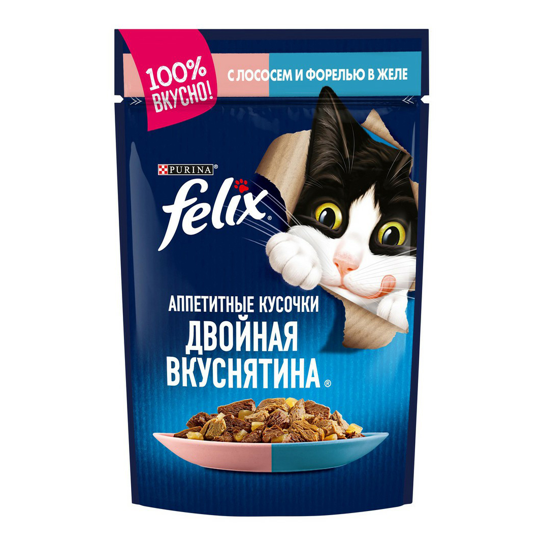 

Влажный корм для кошек Felix Двойная вкуснятина, с лососем и форелью в желе, 75г, Двойная вкуснятина