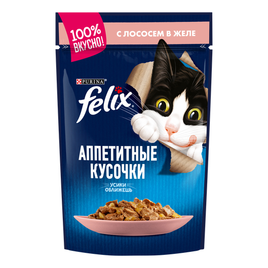 фото Влажный корм для кошек felix аппетитные кусочки с лососем в желе, 75 г