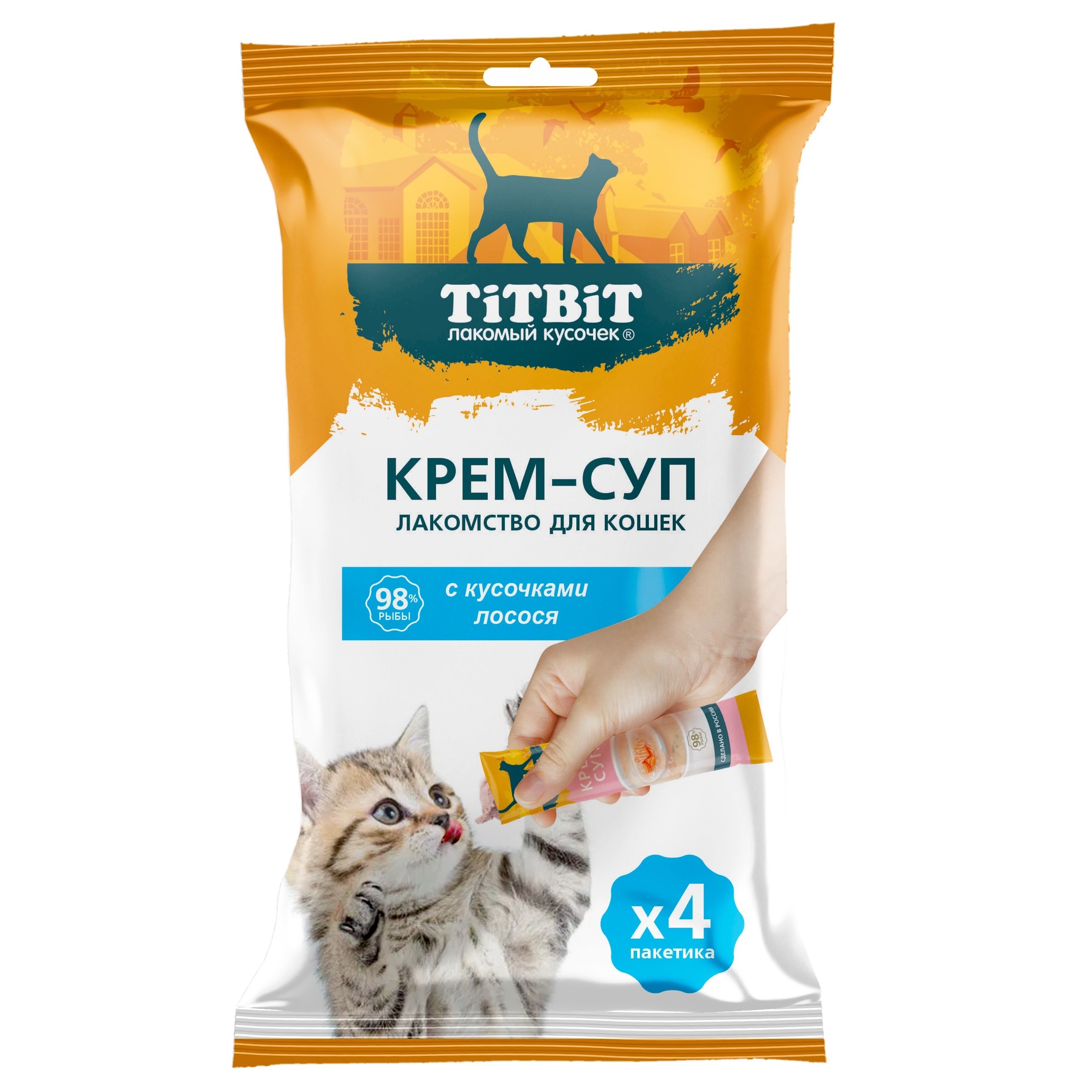 

Лакомство для кошек TiTBiT, крем-суп с кусочками лосося, 4 шт по 10 г