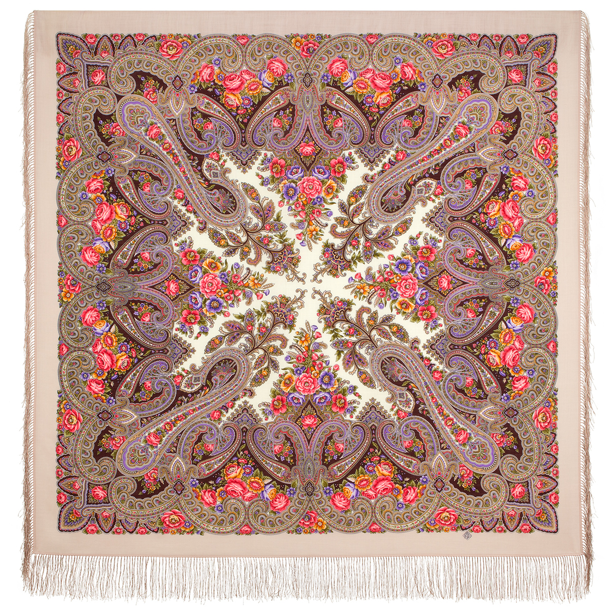 Платок женский Павловопосадский платок 1978 бежевый/коричневый 146x146 см