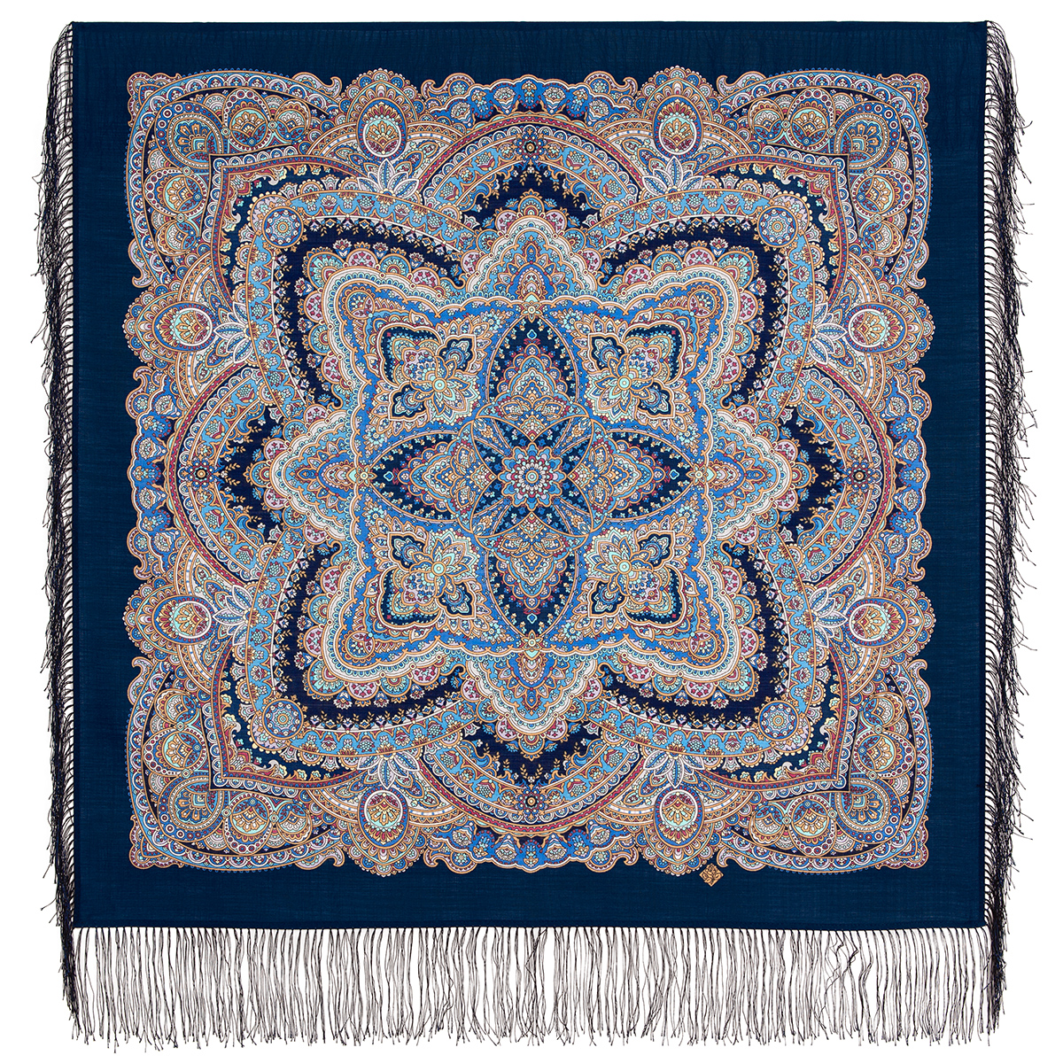 Платок женский Павловопосадский платок 1926 синий/бирюзовый, 89x89 см