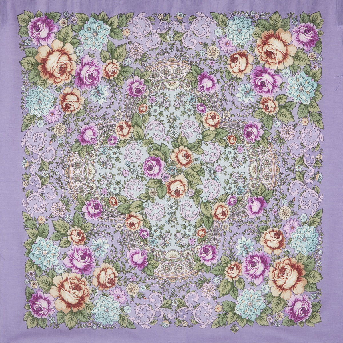 Платок женский Павловопосадский платок 1661 фиолетовый/зеленый, 89x89 см