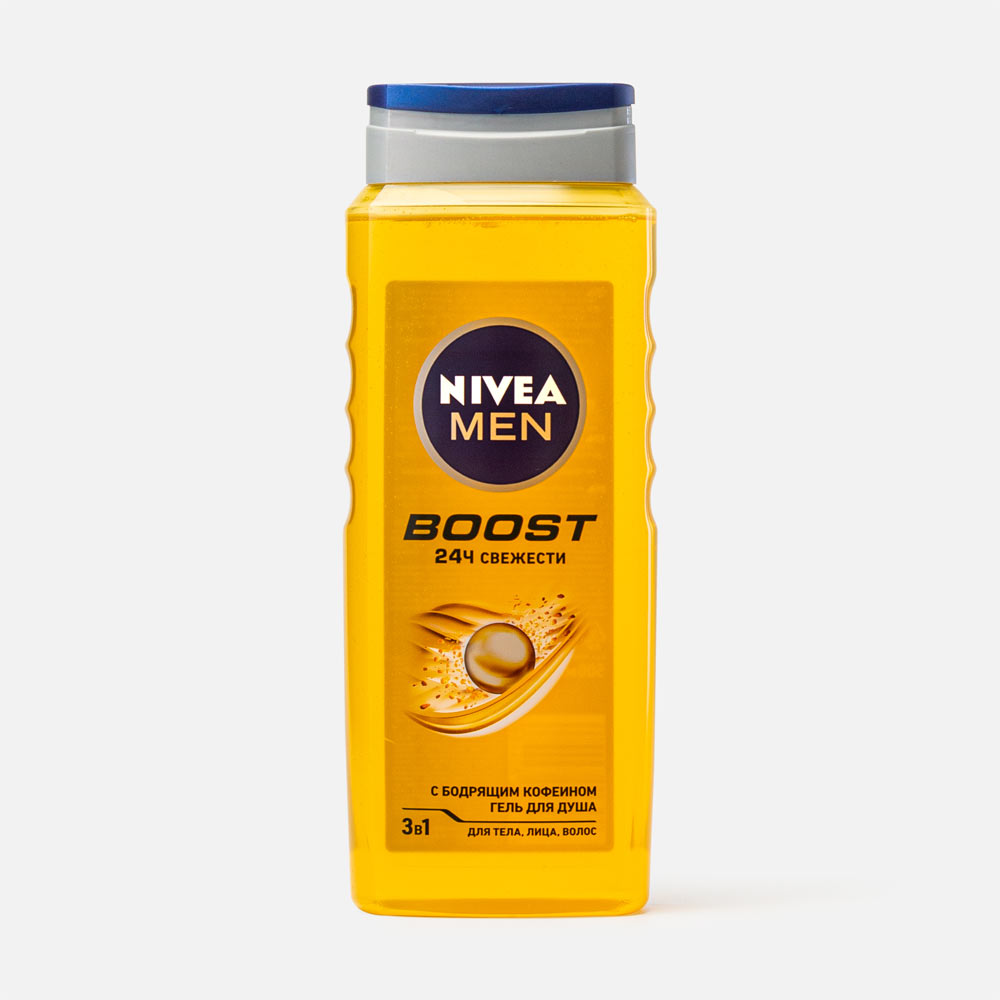 

Гель для душа и шампунь Nivea Men Boost 3 в 1 мужской, с бодрящим кофеином 500 мл, Men