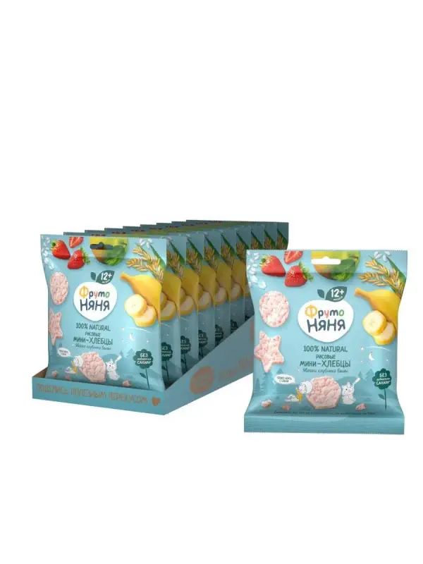 Мини-Хлебцы ФрутоНяня Рисовые с Яблоком, Клубникой, Бананом и Пребиотиком, с 12 мес, 9х30г