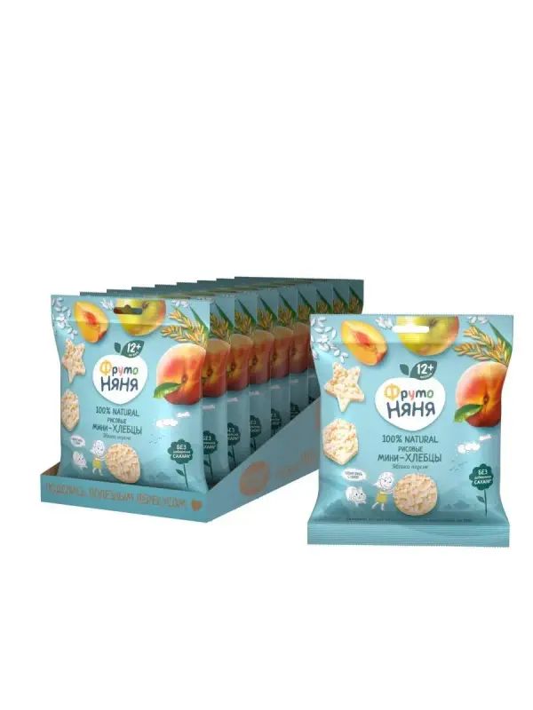 Мини-Хлебцы ФрутоНяня Рисовые с Яблоком, Персиком и Пребиотиком, с 12 мес, 9х30г