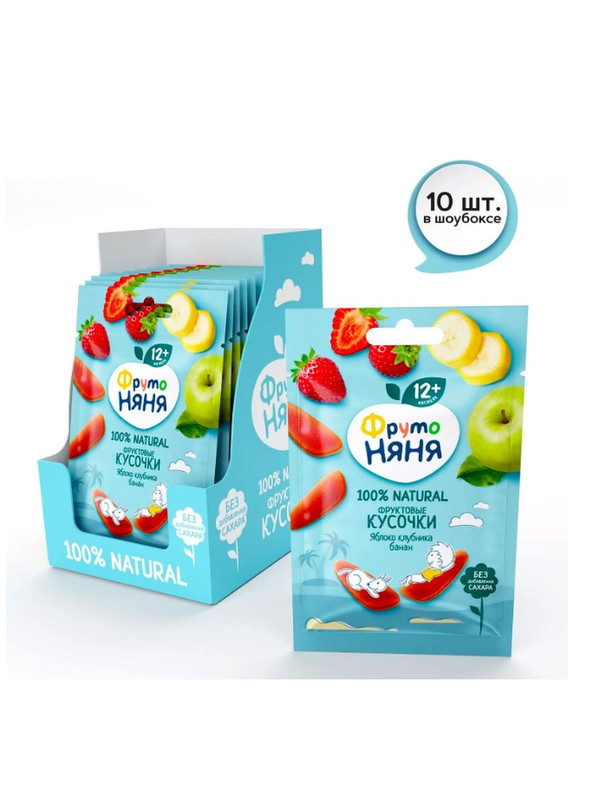 Фруктовые Кусочки ФрутоНяня из Яблок, Клубники и Бананов, с 12 мес, (Флоу-пак, 10х15г