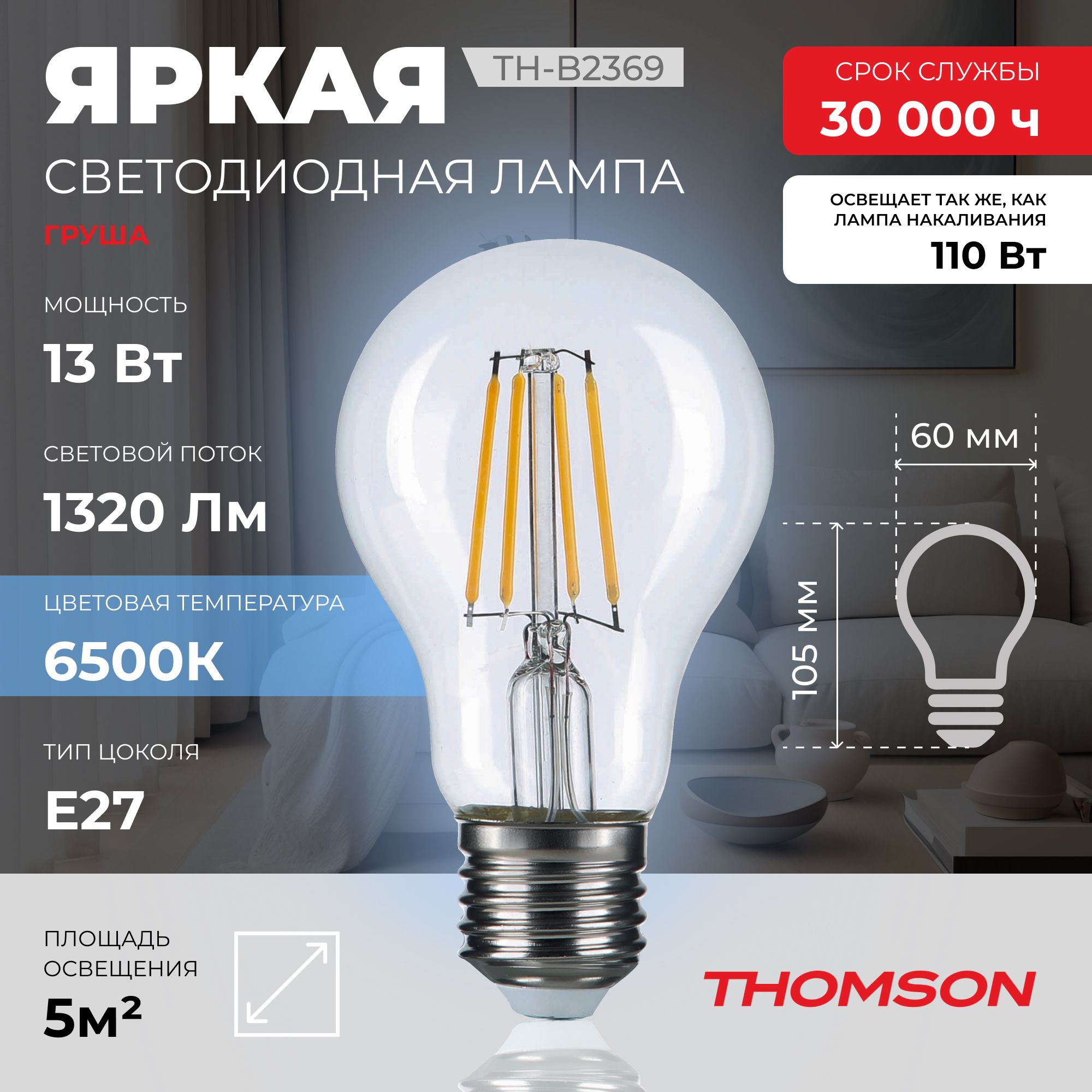 

Лампочка светодиодная Thomson, TH-B2369, 13W, E27, Thomson T-HB-E27-FLM-P