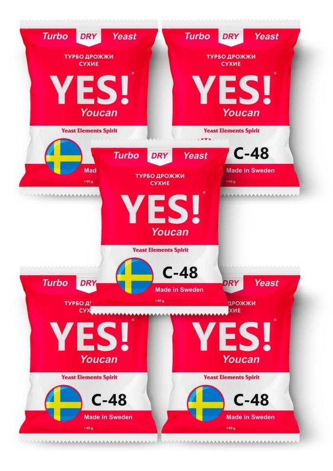 

Спиртовые турбо дрожжи YES! C48, 5х140гр (5 штук в комплекте), C48