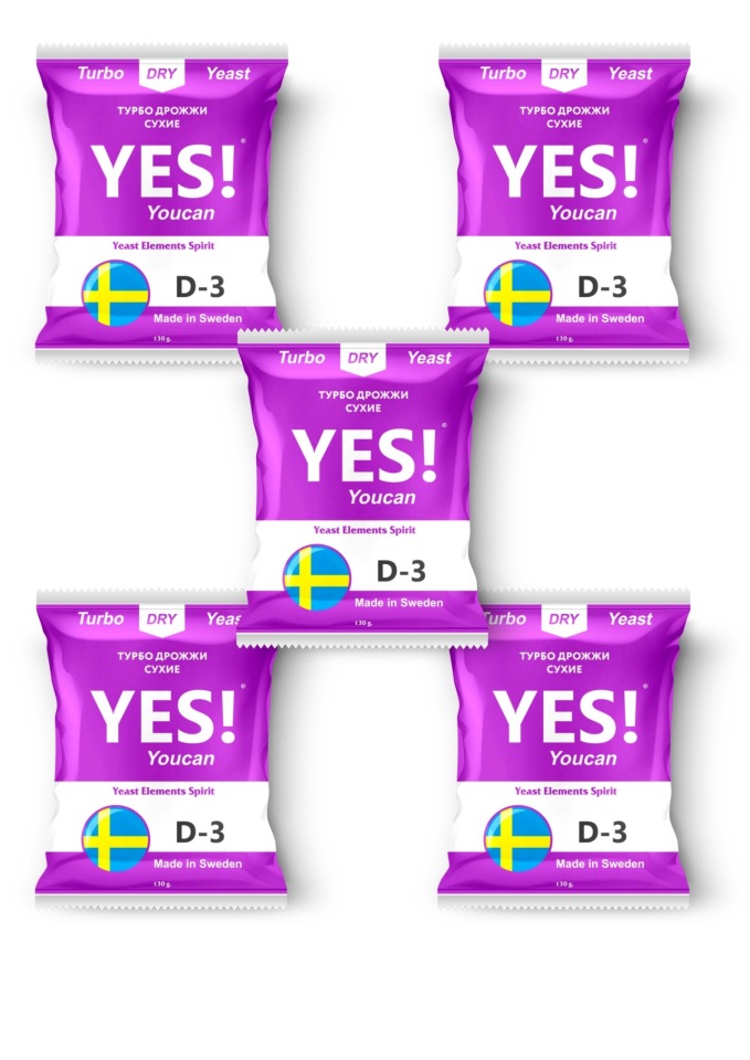 

Спиртовые турбо дрожжи YES! D3, 5х130гр (5 штук в комплекте), D3