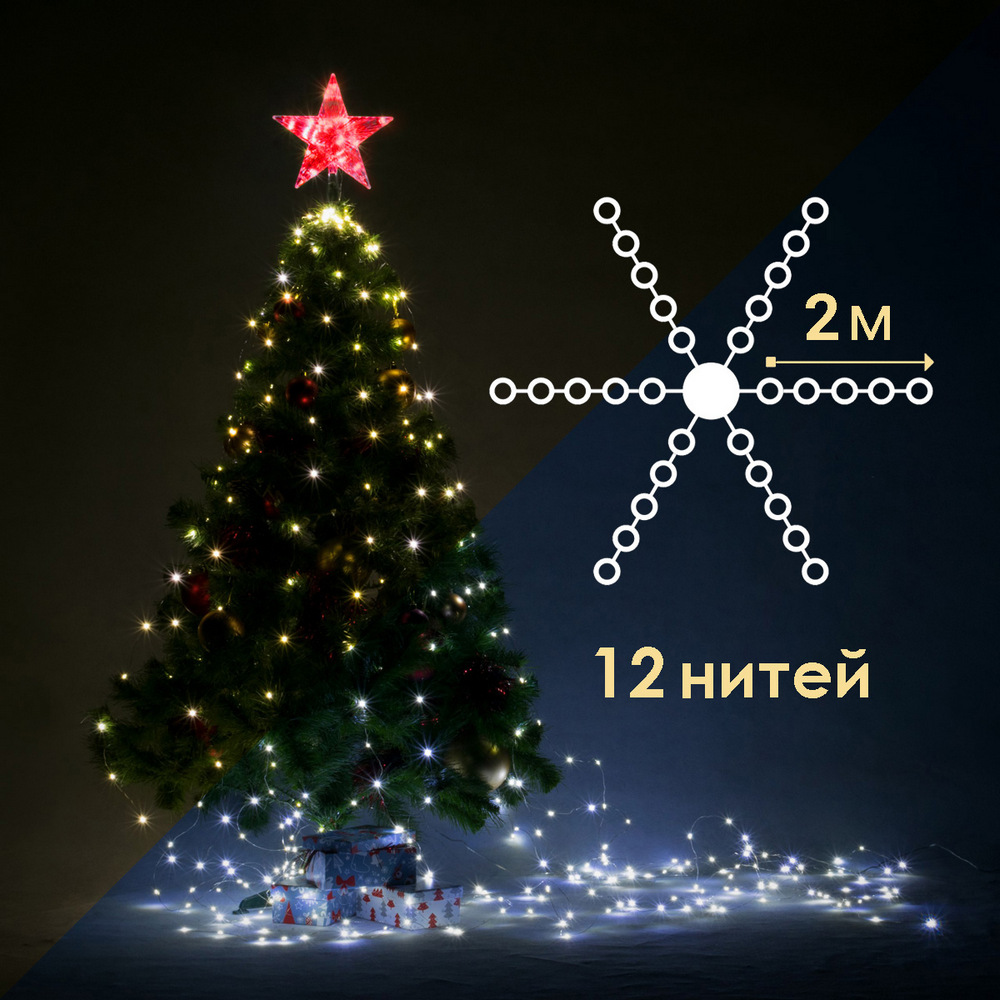 

Световая гирлянда новогодняя SHLights Лучи BM12-ILDM240W-WW-C-4.5V 2 м белый, Лучи