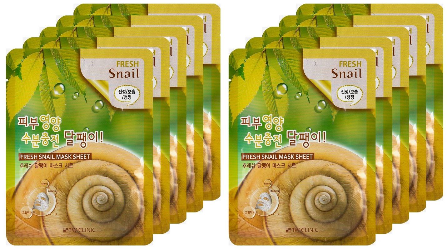 

Тканевая маска для лица 3W Clinic Fresh Snail Mucus Mask Sheet с муцином улитки, 10 шт., с муцином улитки
