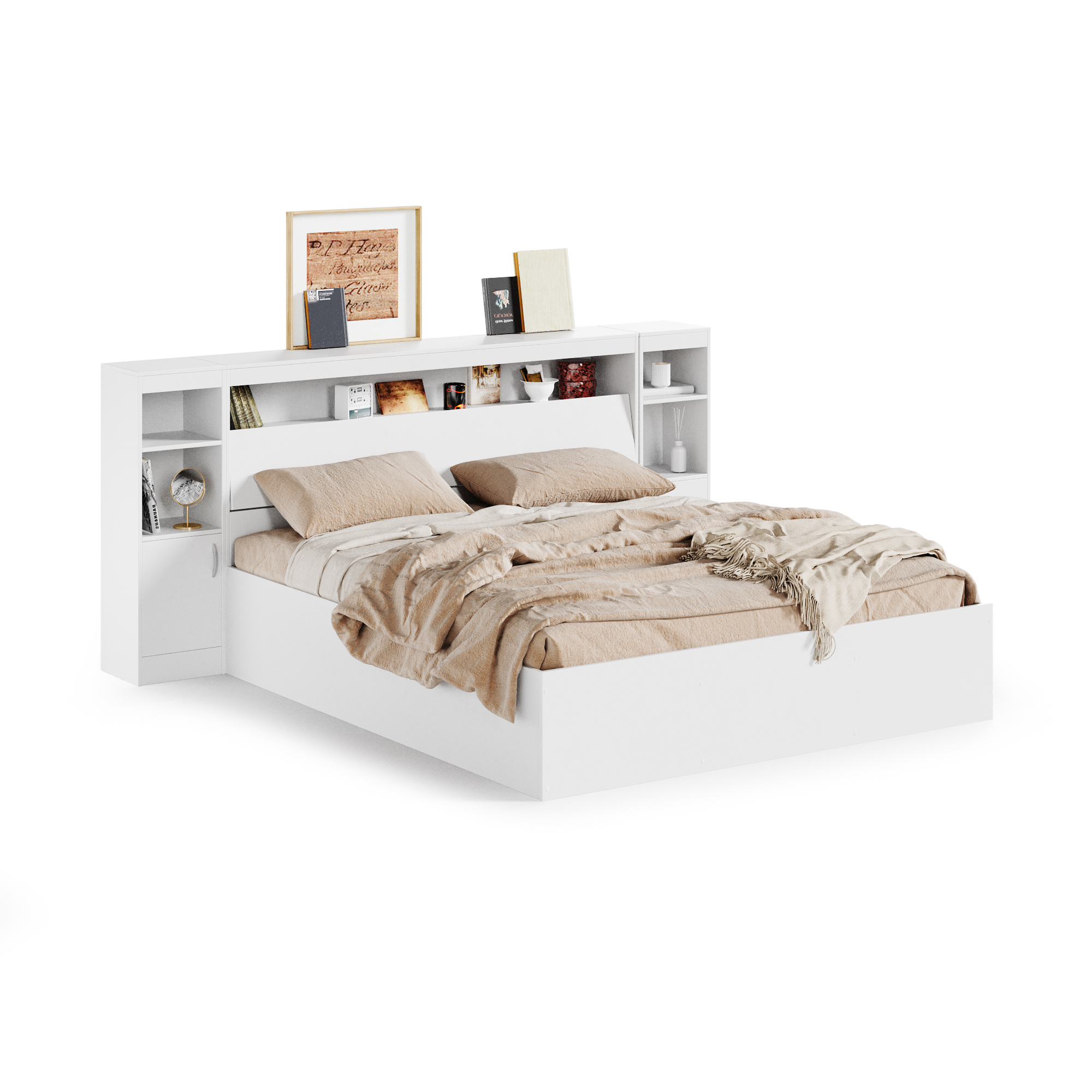 

Кровать RuHome24 Виктория 160х200 белая с блоком и двумя тумбами, Белый, Виктория