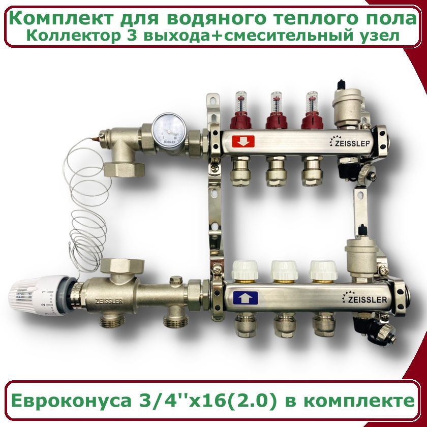 Комплект для водяного теплого пола до 50 квм 3 выхода ZEISSLER COMBI-ZMG-ZCS0603s 13620₽