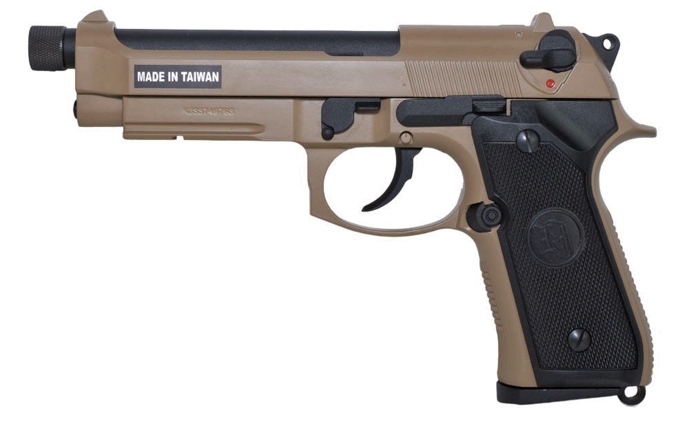 Пистолет страйкбольный KJW Beretta M9A1, greengas, tan, резьба глушителя