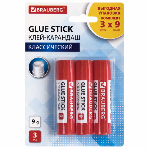 

Клей-карандаш 9 г ВЫГОДНАЯ УПАКОВКА Brauberg, 3 штуки на блистере, 271305, 12 шт