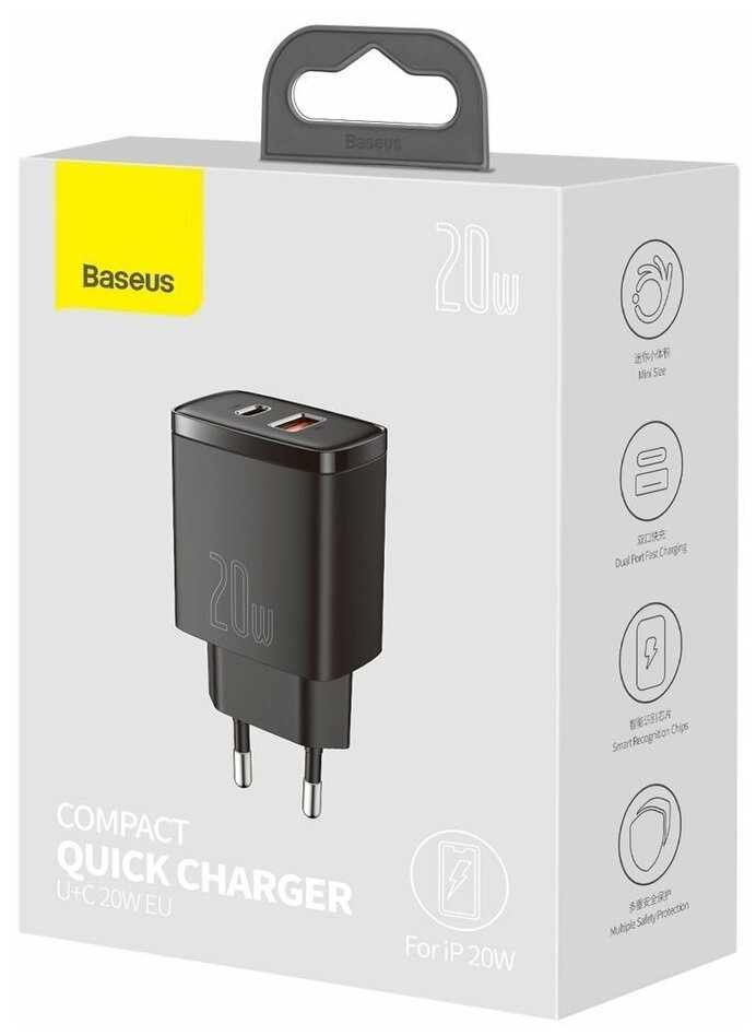 

Сетевое зарядное устройство Baseus CCXJ-B01 U+C 20W EU 1xUSB Type-C 3 А черный, Сompact quick charger CCXJ-B01 U+C 20W EU