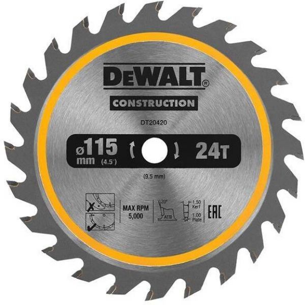 фото Пильный диск dewalt dt20420-qz, construction 115 x 9.5 мм, 20 atb