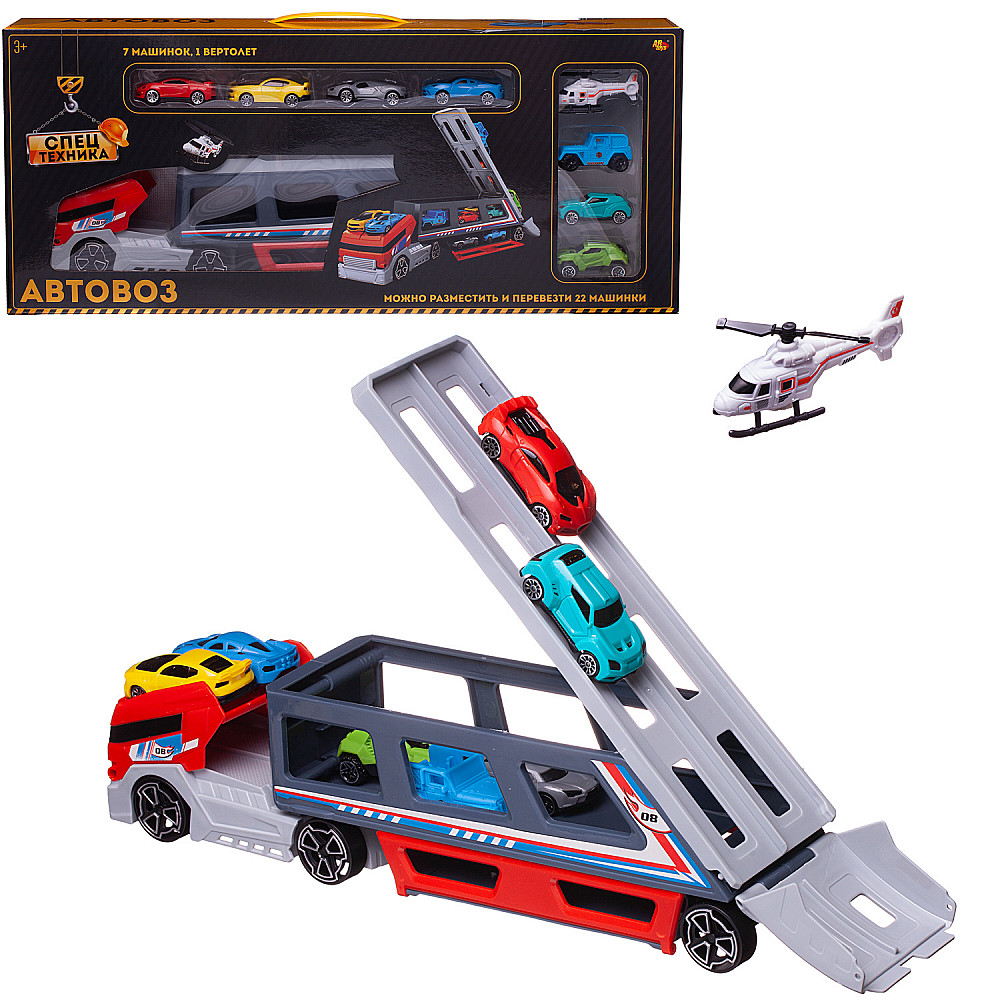 фото Игровой набор abtoys автовоз-трейлер с 8 машинками, со скоростным съездом с верхнего яруса junfa toys