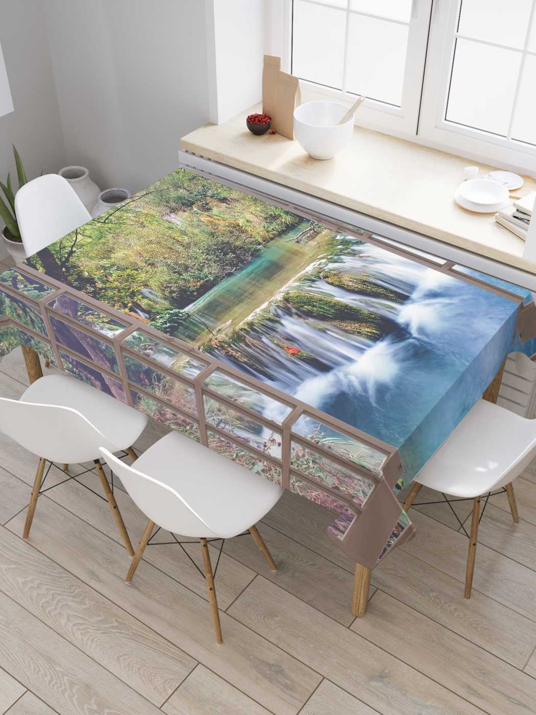 

Скатерть прямоугольная JoyArty "Окно на водопаде" из сатена, 180x145 см, Коричневый, Окно на водопаде