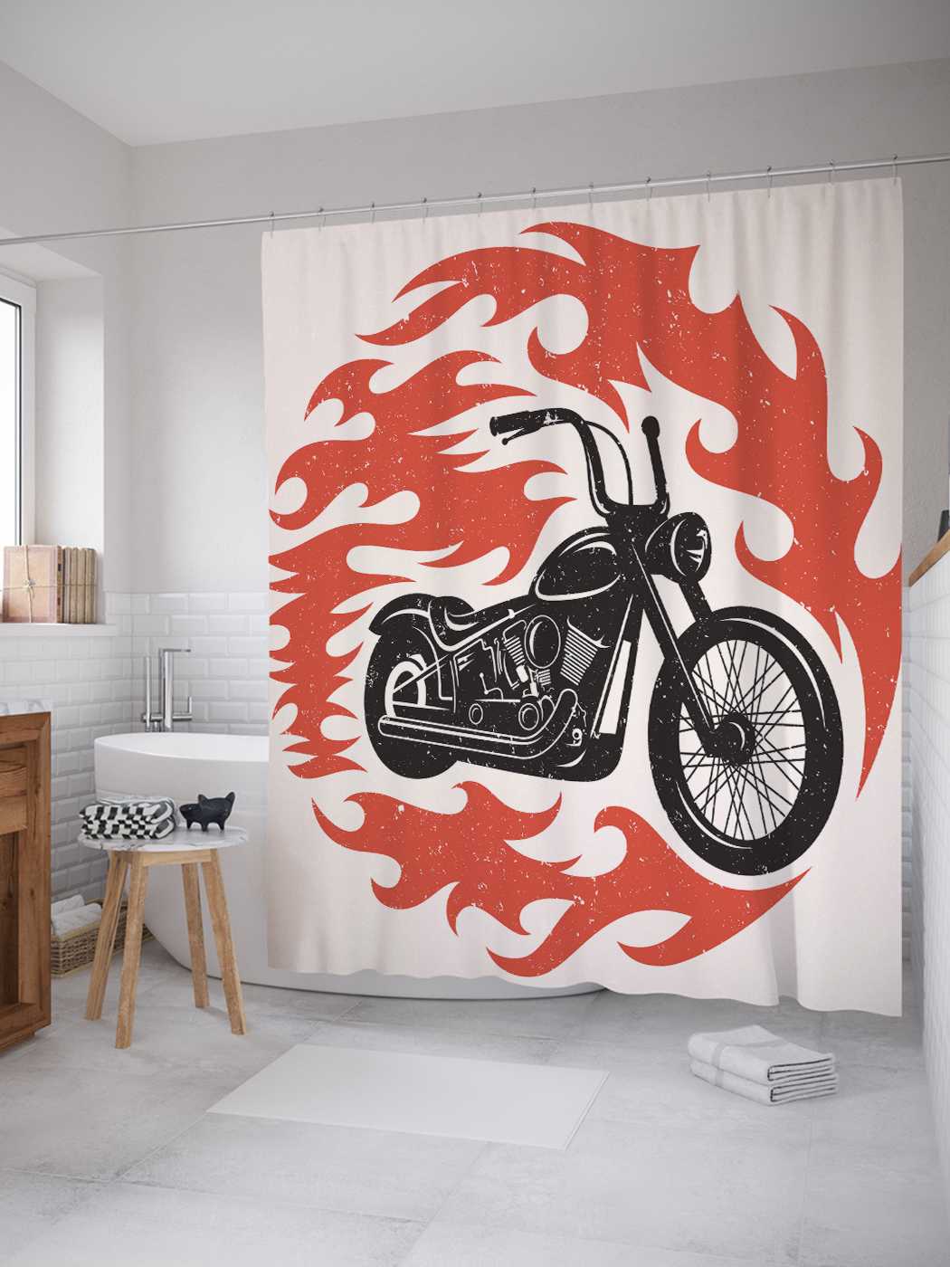 фото Штора для ванной joyarty "огненный мотоцикл" из сатена, 180х200 см с крючками