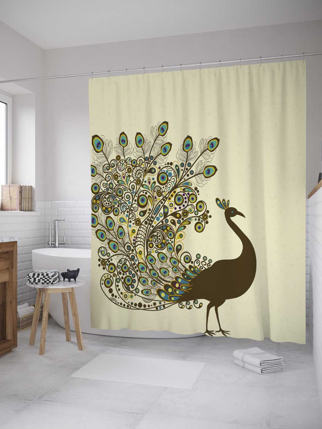 

Штора для ванной JoyArty "Павлин с распустившимся хвостом" из сатена, 180х200 см, Белый