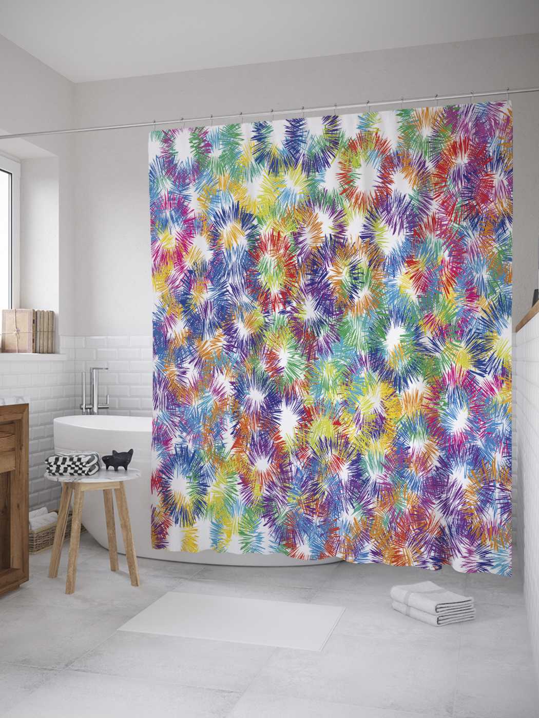 

Штора для ванной JoyArty "Цветной фейерверк" из сатена, 180х200 см с крючками, Белый