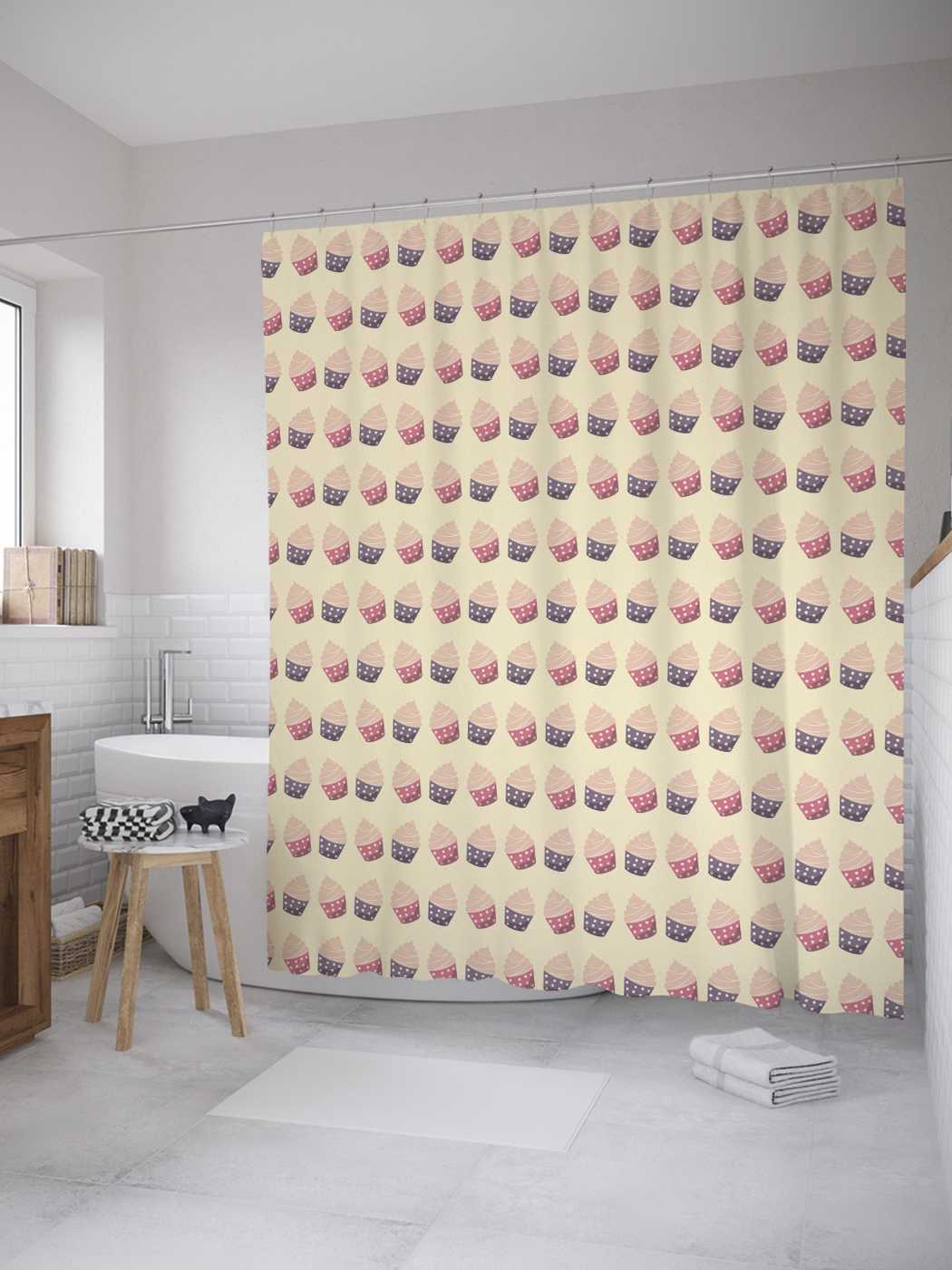 

Штора для ванной JoyArty "Пирожное с кремом" из сатена, 180х200 см с крючками, Розовый