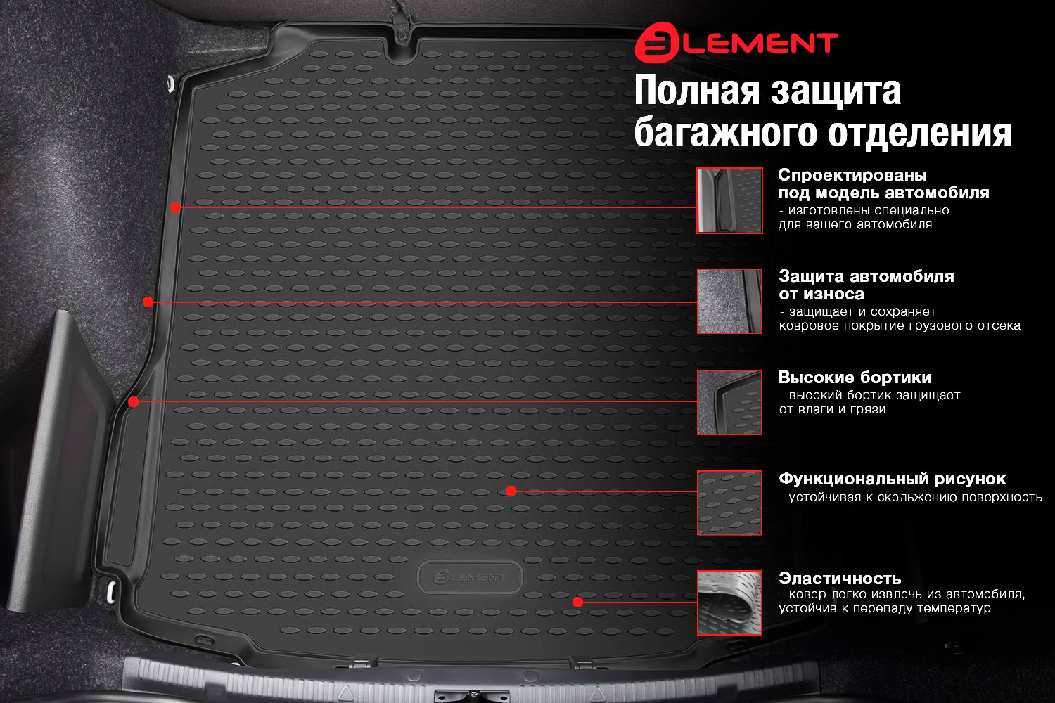 

Коврик в багажник Element для CHEVROLET Onix 2023 cедан 1шт Шевроле Оникс, в багажник