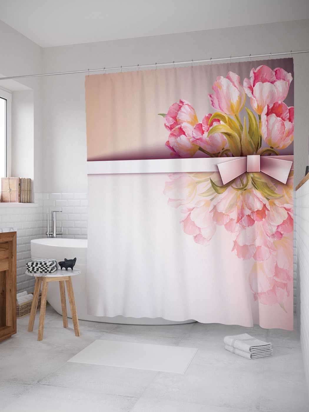 

Штора для ванной JoyArty "Цветочное приветствие" из сатена, 180х200 см с крючками, Белый