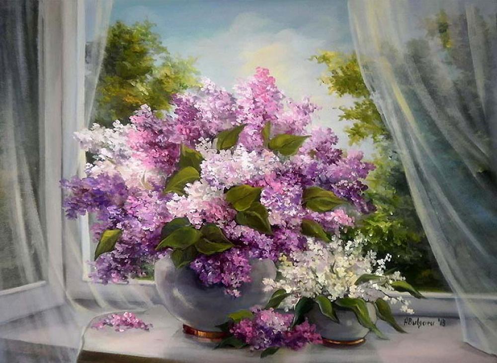 

Алмазная вышивка Гранни Сирень на окне, 70x48 см, Сирень на окне