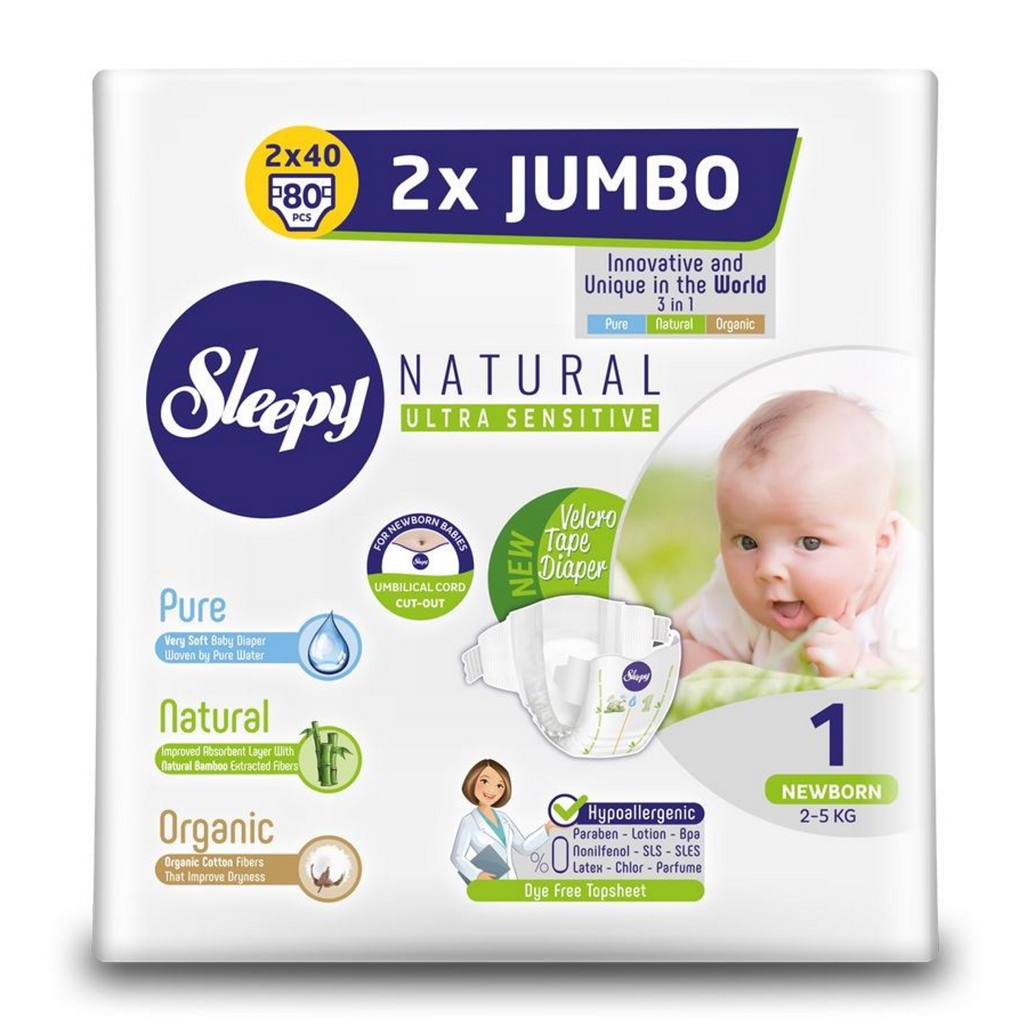 Подгузники Sleepy Natural Organic Baby Diaper, р 1, 2-5 кг, 80 шт