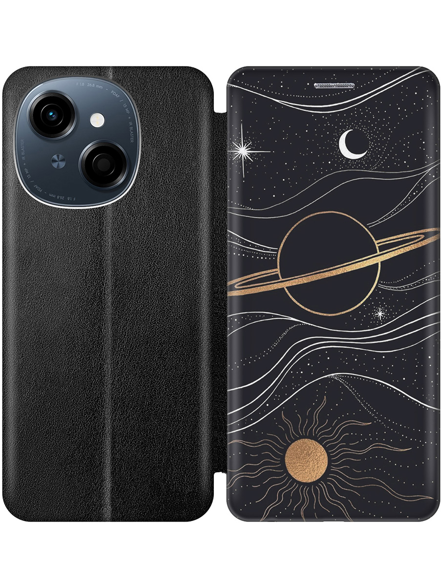 

Чехол-книжка на Tecno Spark Go 1/Pop 9 с принтом "Сатурн и солнце" черный, Черный;белый;желтый, 786716941