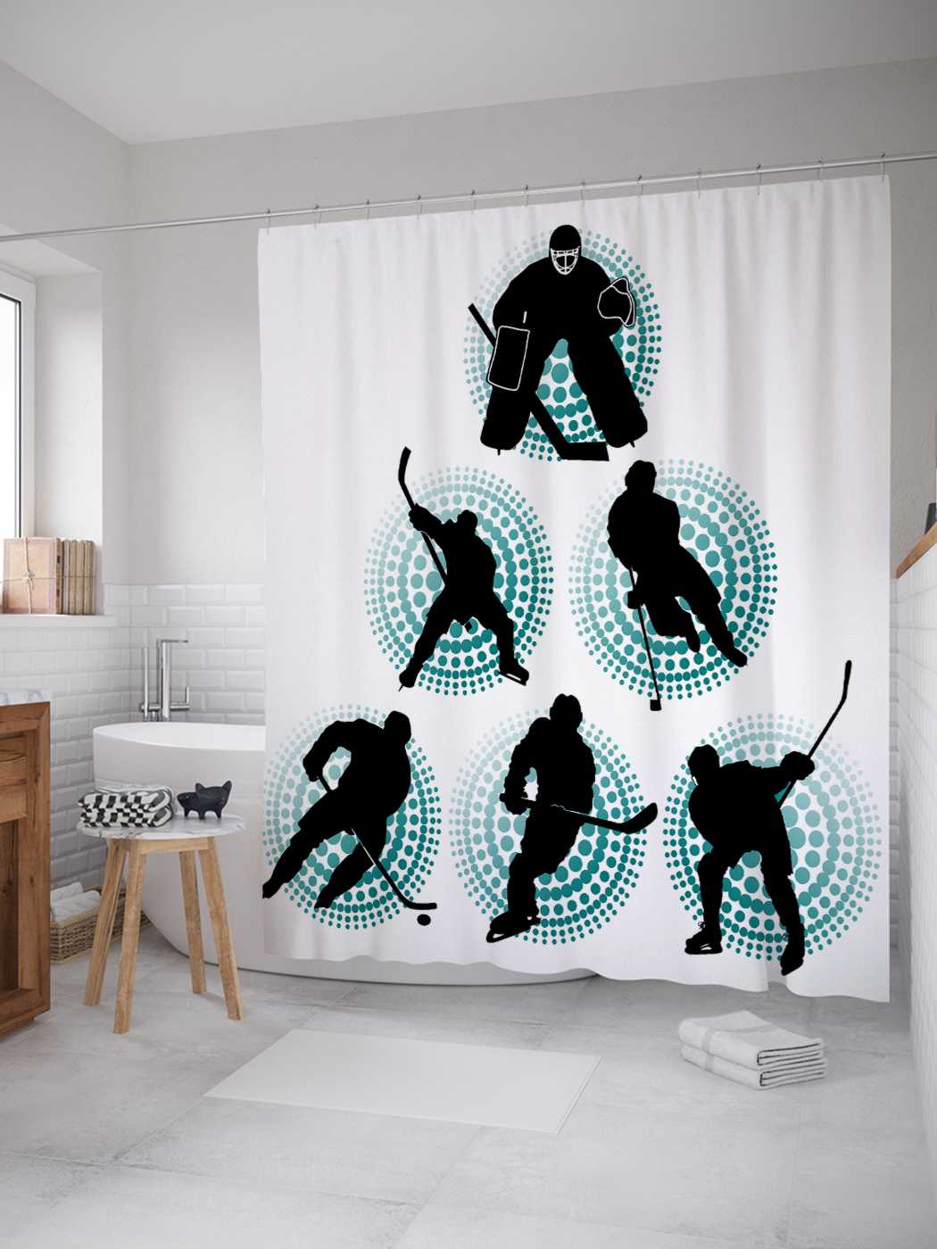 фото Штора для ванной joyarty "хоккейные маневры" из сатена, 180х200 см с крючками