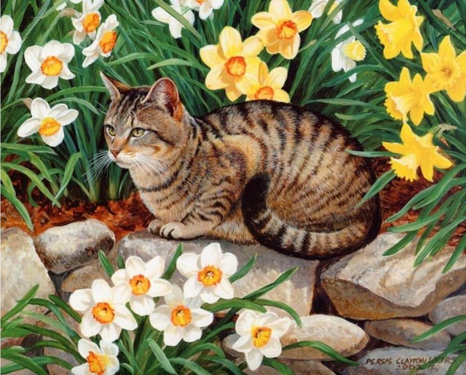 

Алмазная вышивка Гранни Кот и нарциссы, 38x48 см, Кот и нарциссы