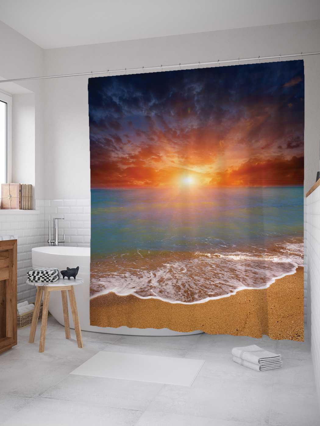 

Штора для ванной JoyArty "Пламенный морской закат" из сатена, 180х200 см с крючками