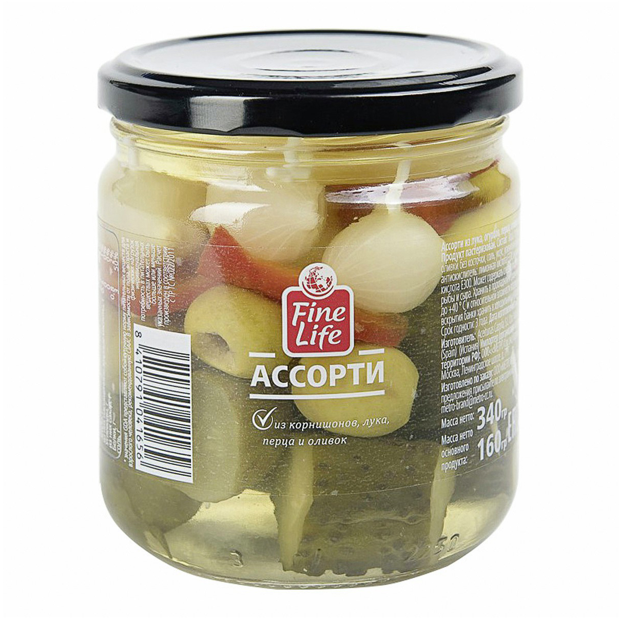 

Ассорти Fine Life из корнишонов лука перца и оливок 340 г