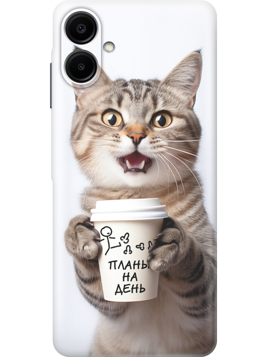 

Силиконовый чехол на Samsung Galaxy A06 с принтом "Котик и его планы на день", Прозрачный;белый;коричневый, 786717512