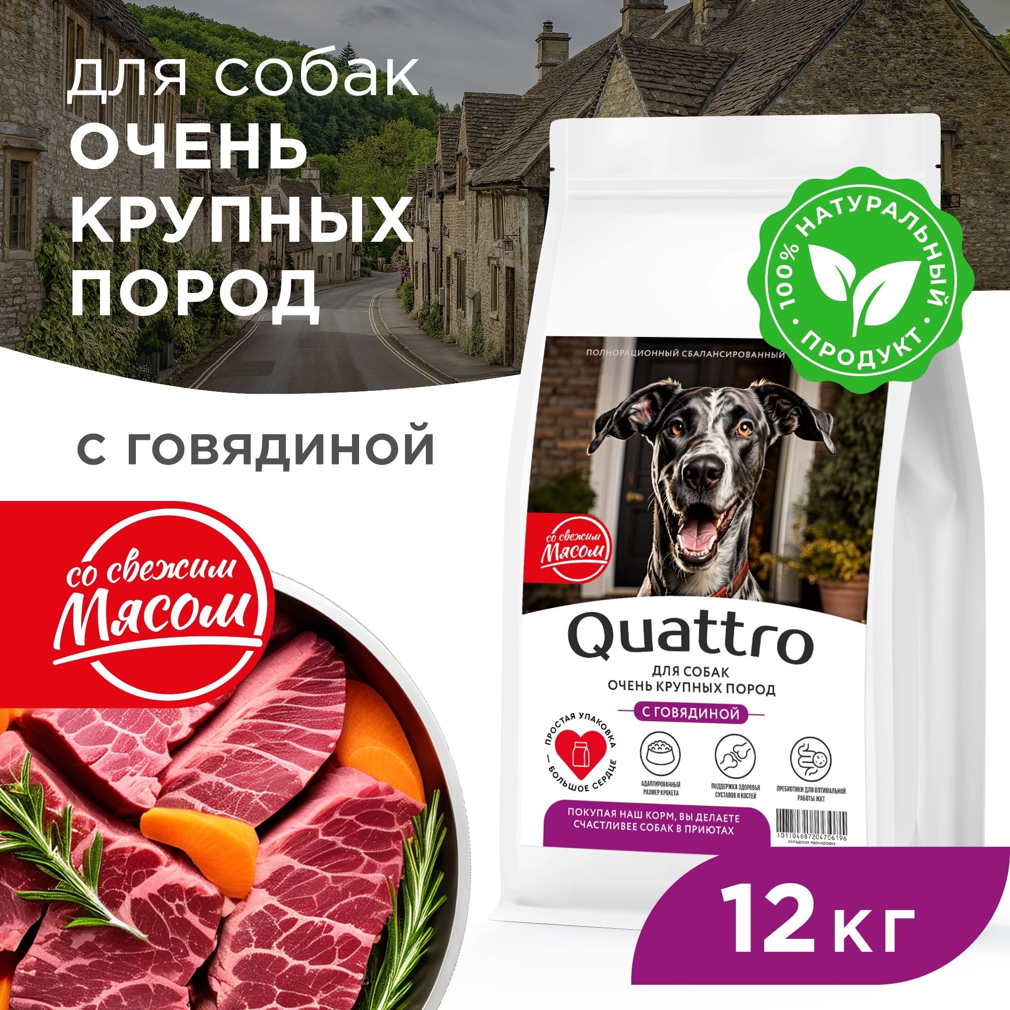

Сухой корм для собак QUATTRO, для очень крупных пород, говядина, 12 кг