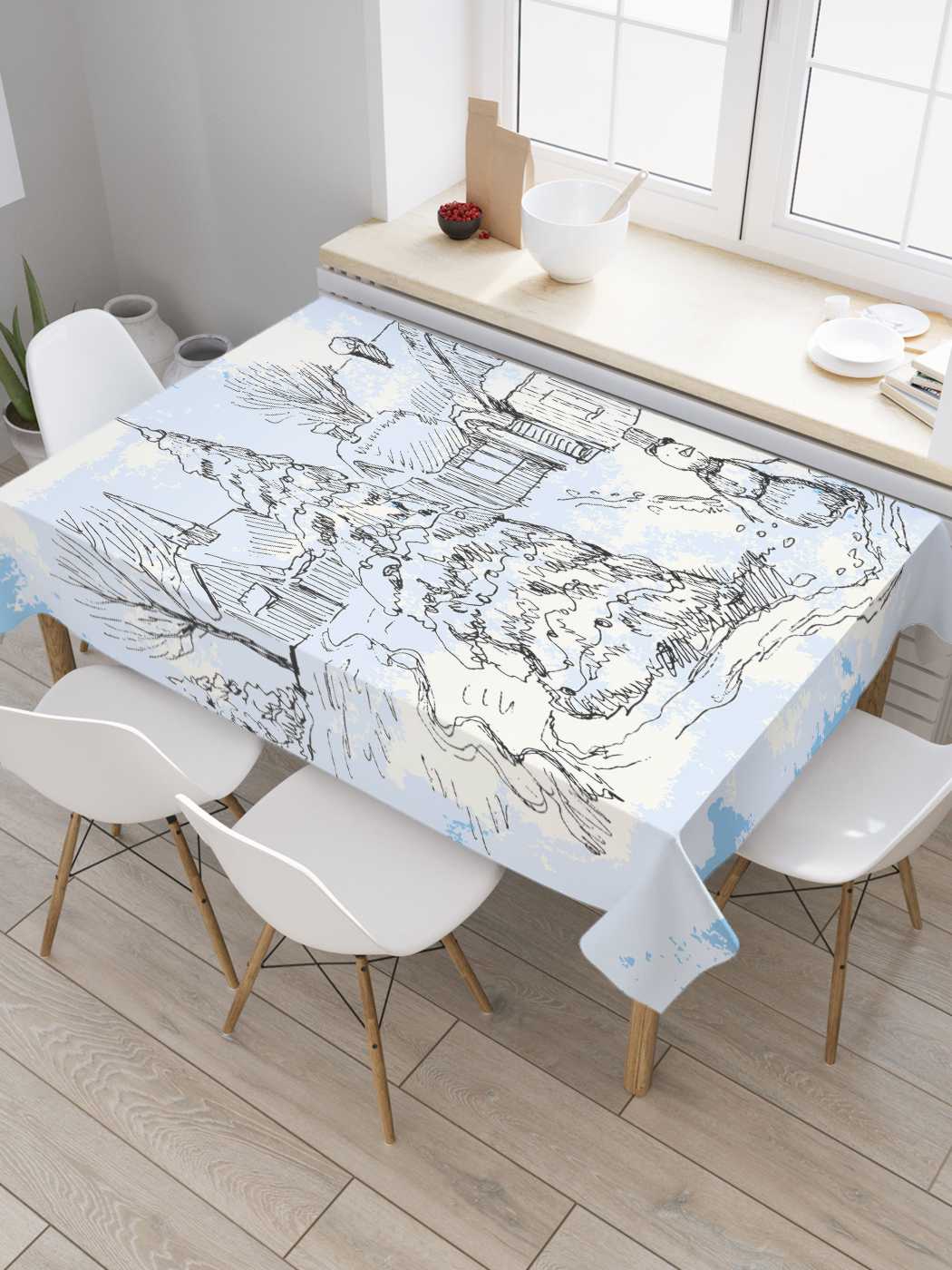 

Скатерть прямоугольная JoyArty "Снеговик у елки" из сатена, 180x145 см, Голубой, Снеговик у елки