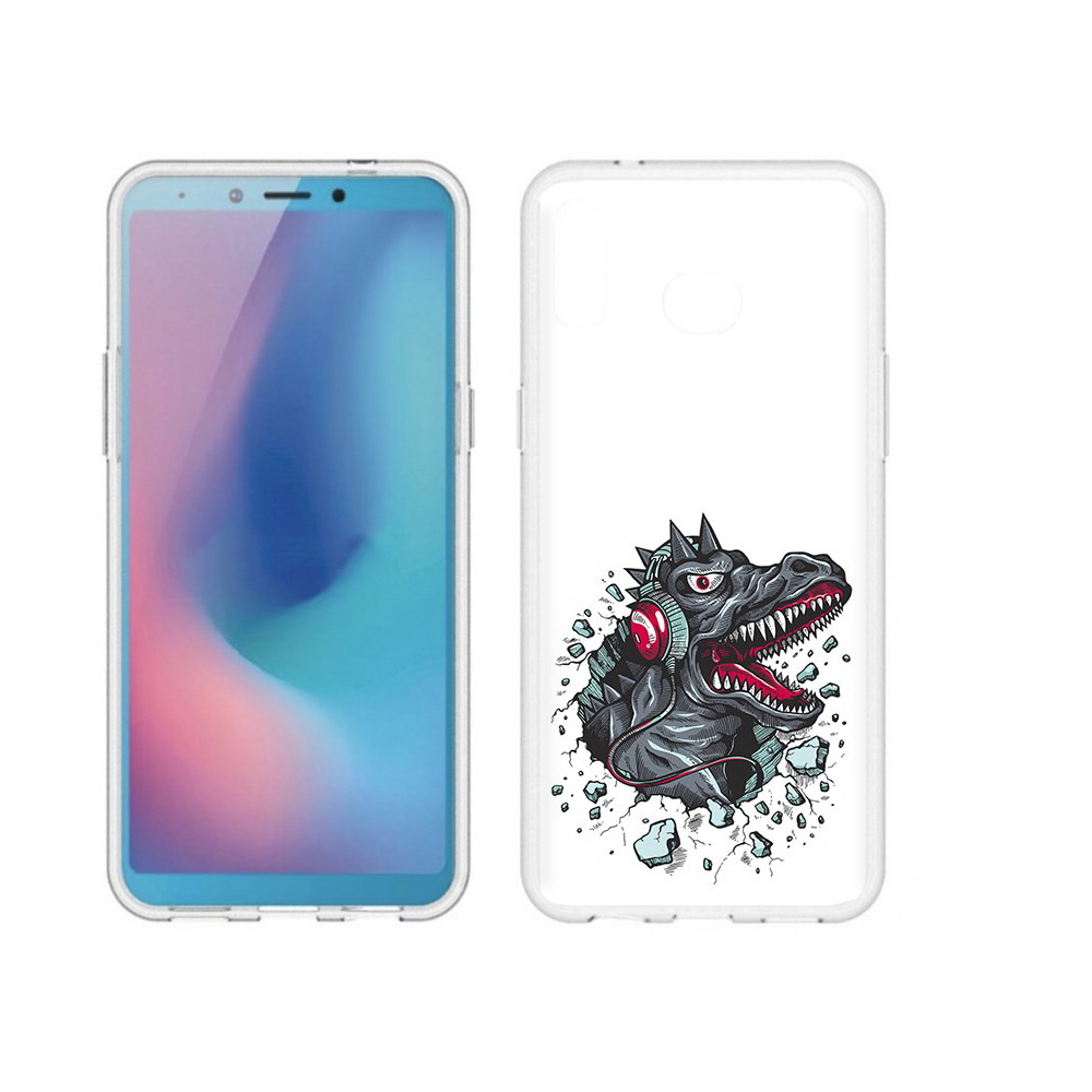 

Чехол MyPads Tocco для Samsung Galaxy A6s Нарисованный динозавр в наушниках, Прозрачный, Tocco