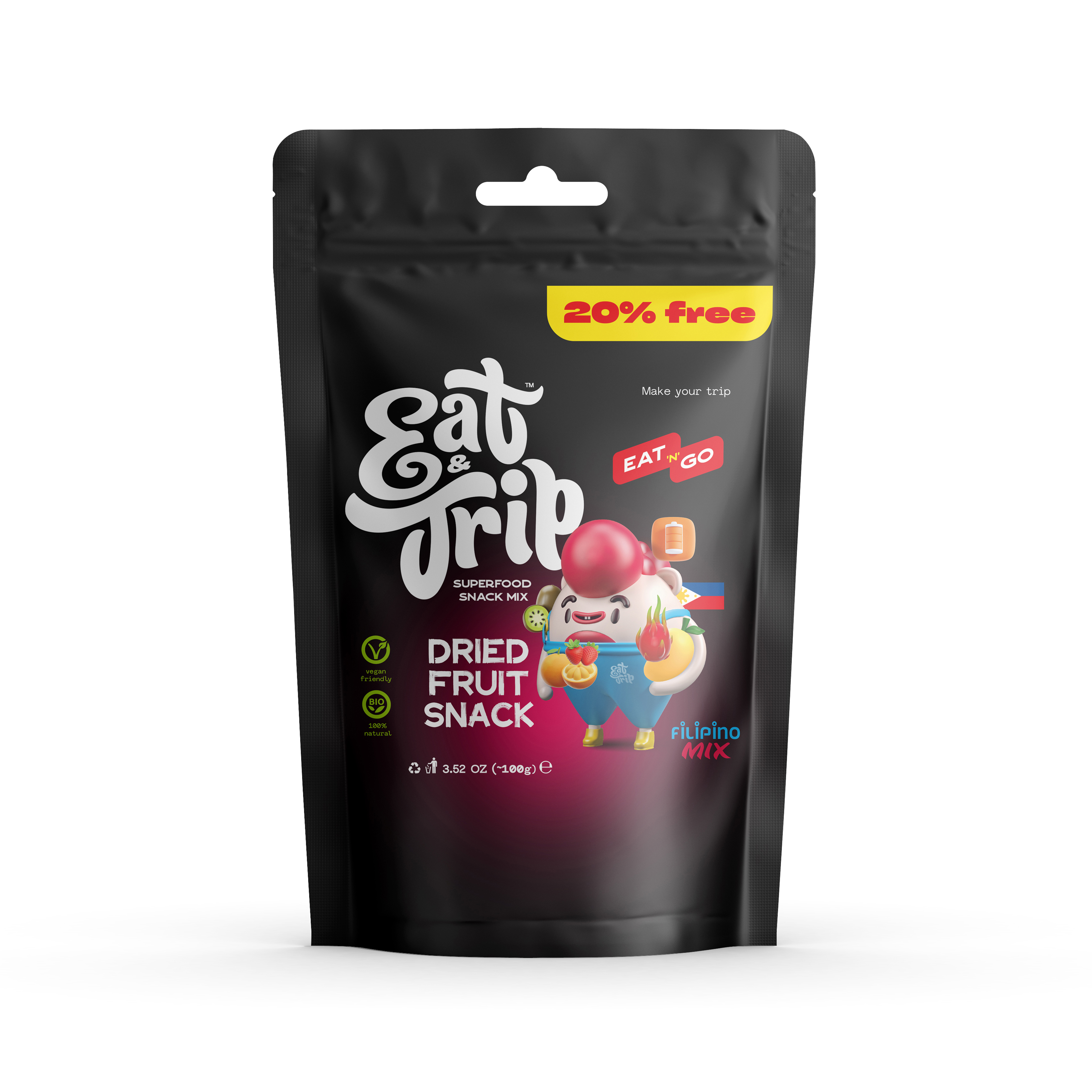 

Снек-микс Eat&Trip Филиппино, смесь сушеная манго, апельсин, клубника, питайя, киви, 100 г, Snack-mix "Filipino"